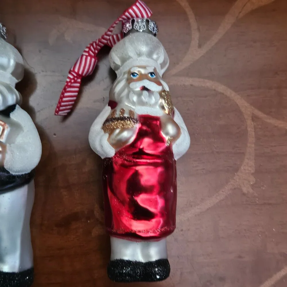 SET 2012 WILLIAMS-SONOMA SANTA CHEF COOK HAND PAINTED GLASS CHRISTMAS ORNAMENTS